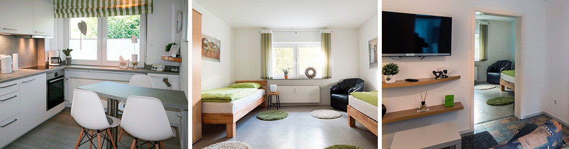 Ferienwohnung III im Ferienhaus Scheldequelle in Eschenburg – Küche, Schlafbereich und Wohnbereich